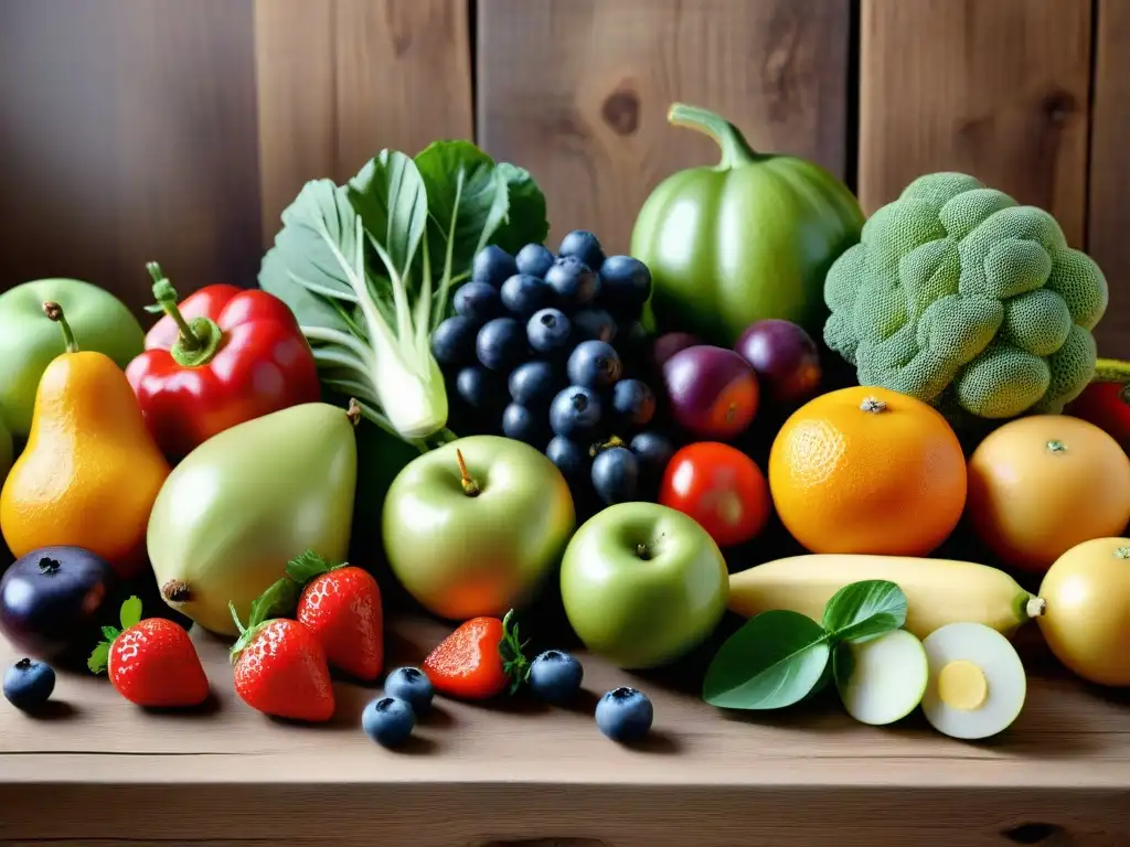 Un festín de frutas y verduras frescas en una mesa rústica iluminada por la luz natural, ideal para una dieta sin gluten microbiota revitalizada