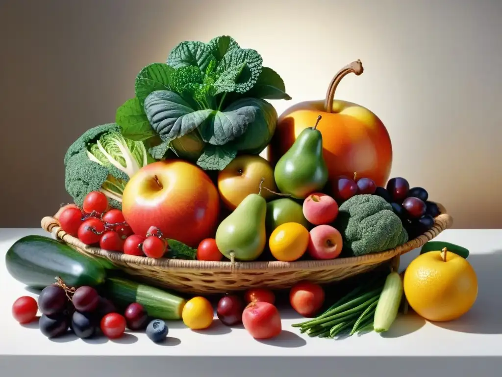 Un festín de frutas y verduras frescas en una presentación artística, ideal para una dieta sin gluten con frutas