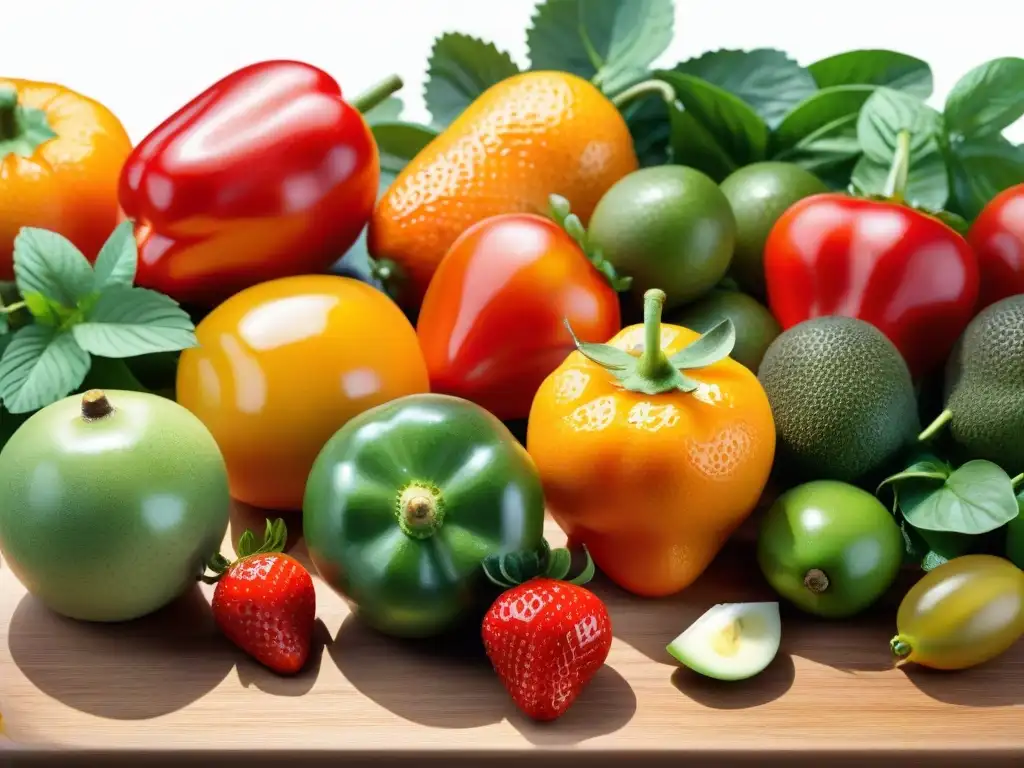 Un festín de frutas y verduras frescas y coloridas en una tabla de cortar de madera