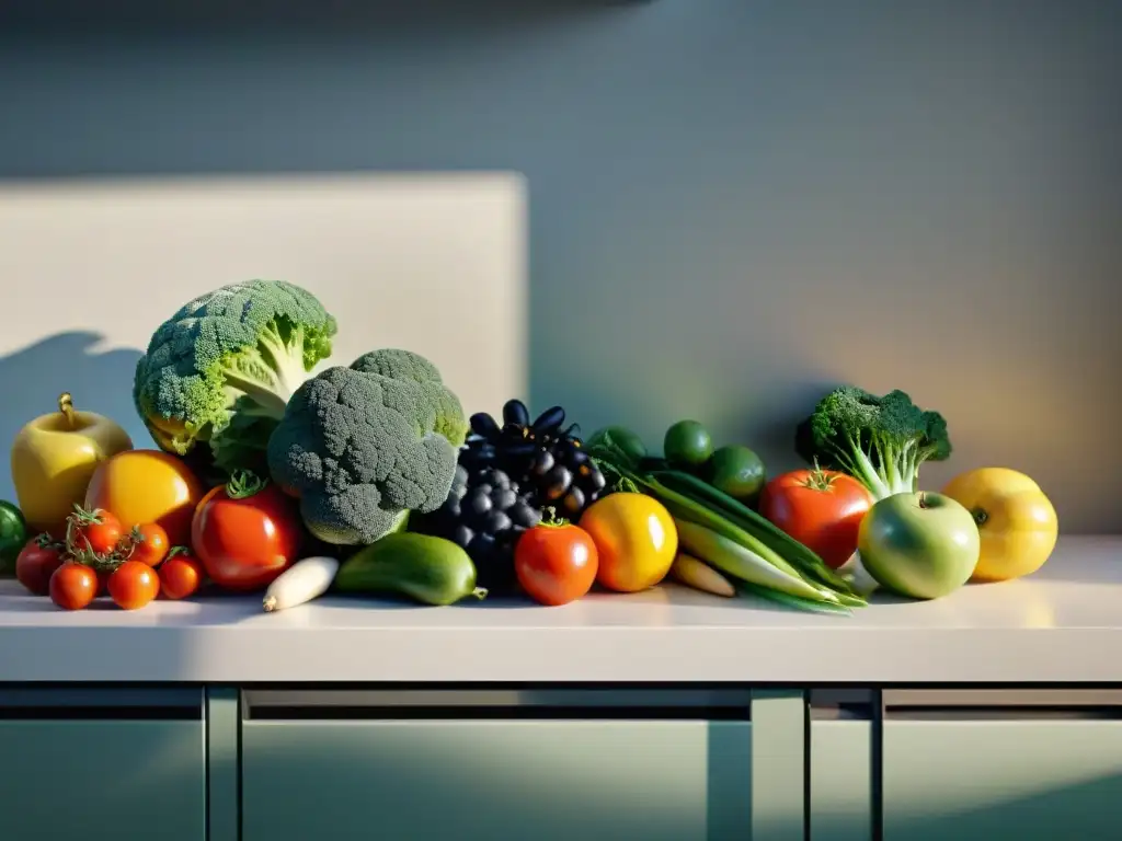 Un festín de frutas y verduras frescas y coloridas en una cocina moderna