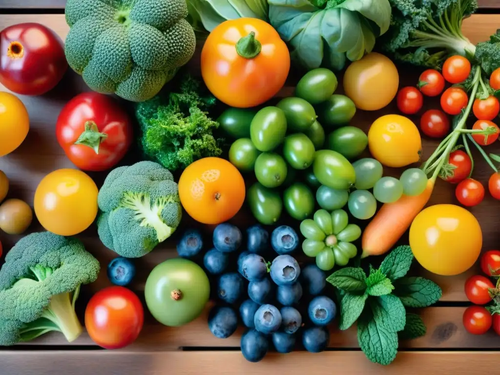 Un festín de frutas y verduras frescas, detalladas y coloridas, bañadas por la luz del sol