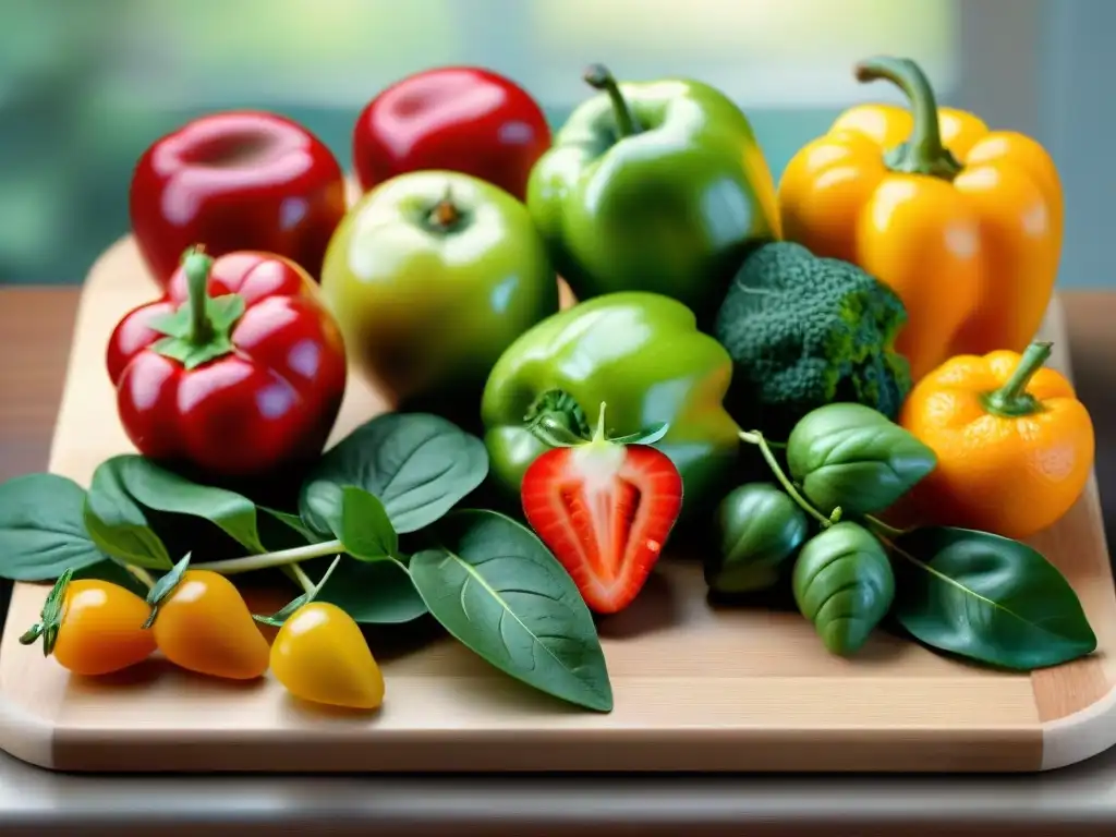 Un festín de frutas y verduras frescas en tabla de madera, destacando vitaminas esenciales sin gluten