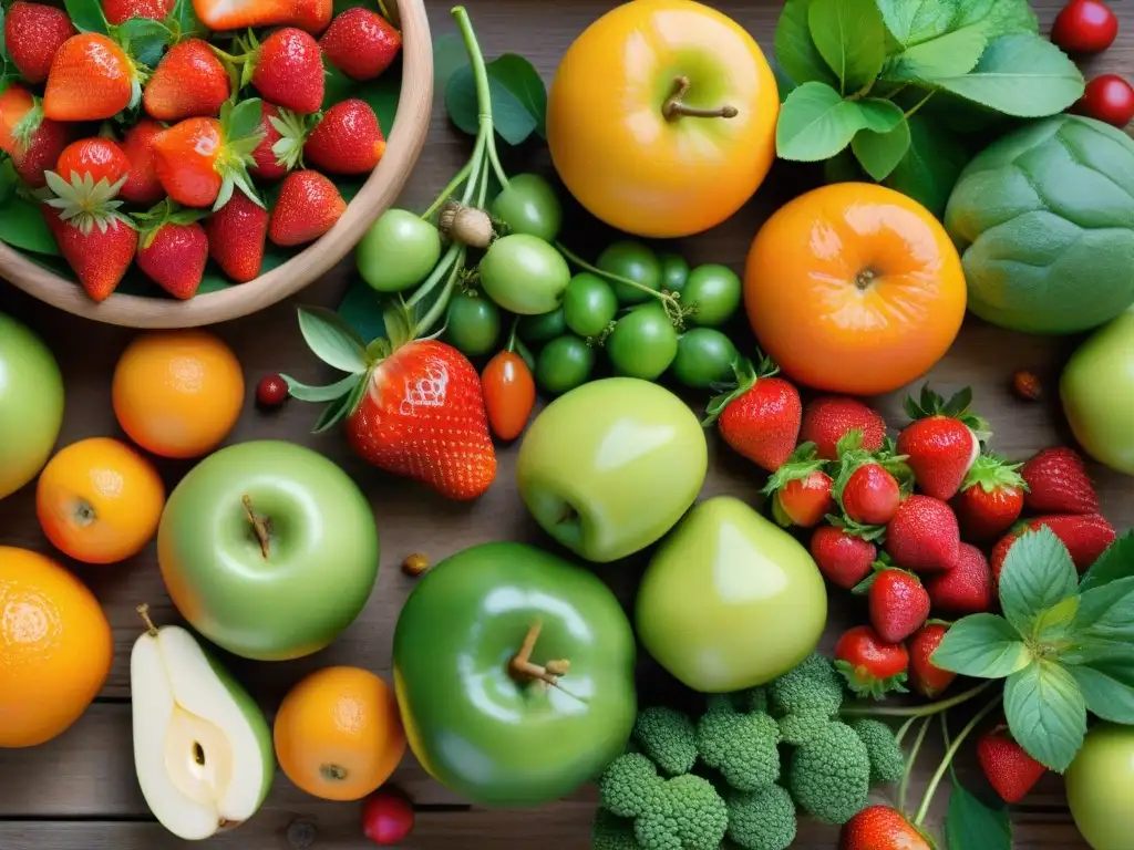 Un festín de frutas y verduras frescas en una mesa de madera rústica