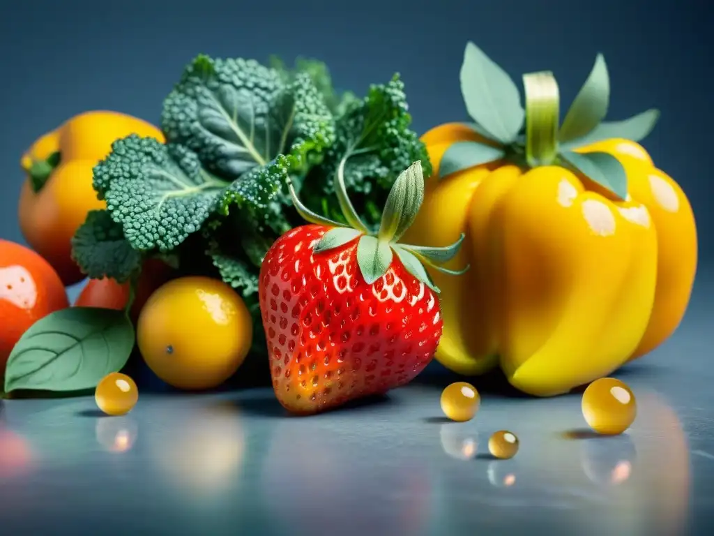 Un festín de frutas y verduras frescas en una encimera de mármol brillante