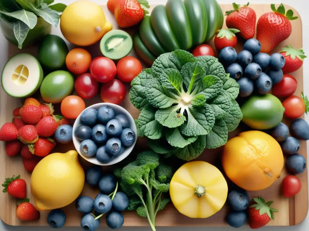 Un festín de frutas y verduras frescas en una tabla de madera, listas para jugos y batidos sin gluten