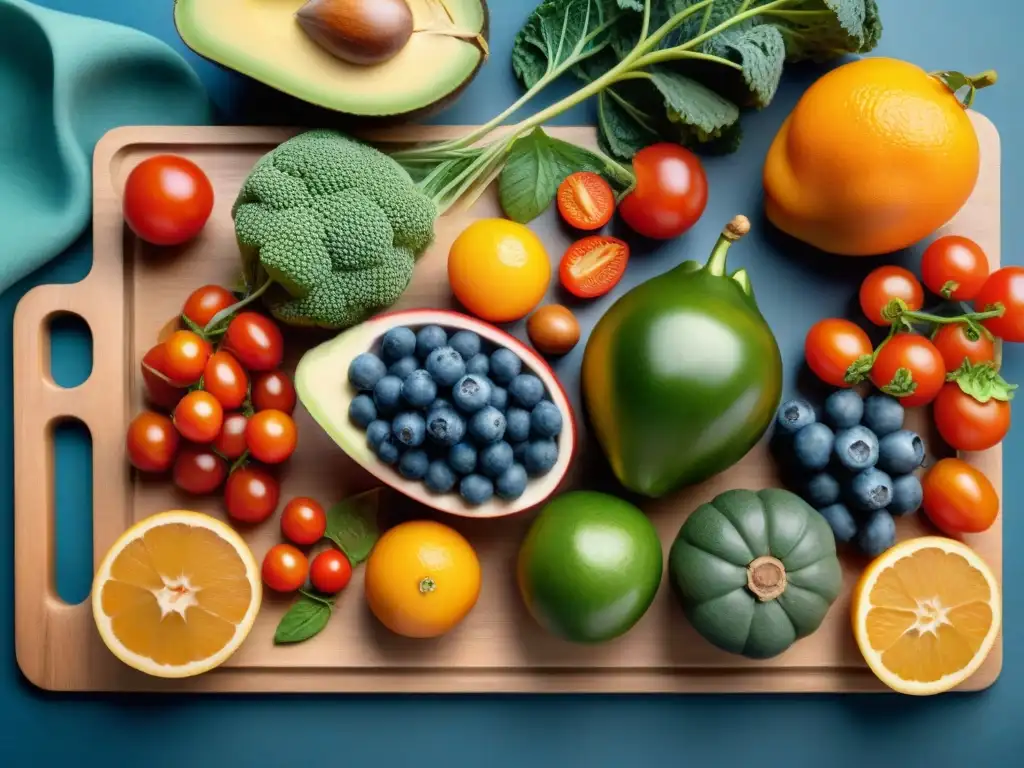 Un festín de frutas, verduras y frutos secos en una tabla de madera, resalta la diversidad de la nutrición vegana sin gluten completa