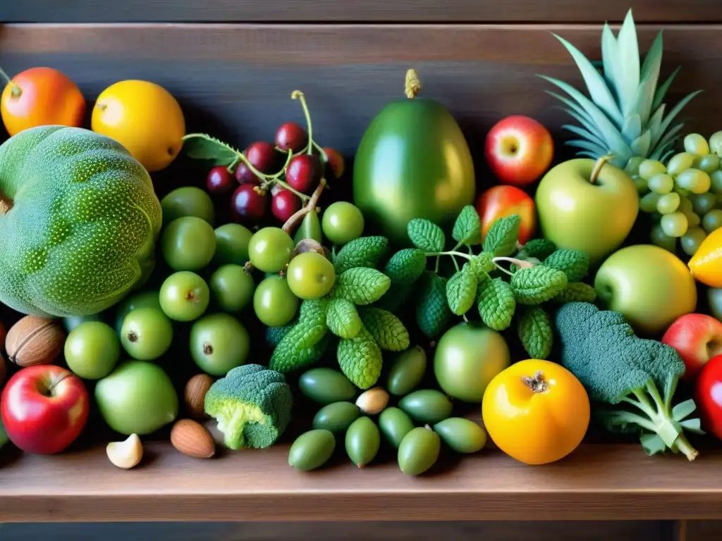 Un festín de frutas, verduras, frutos secos y semillas frescos y coloridos sobre una mesa rústica