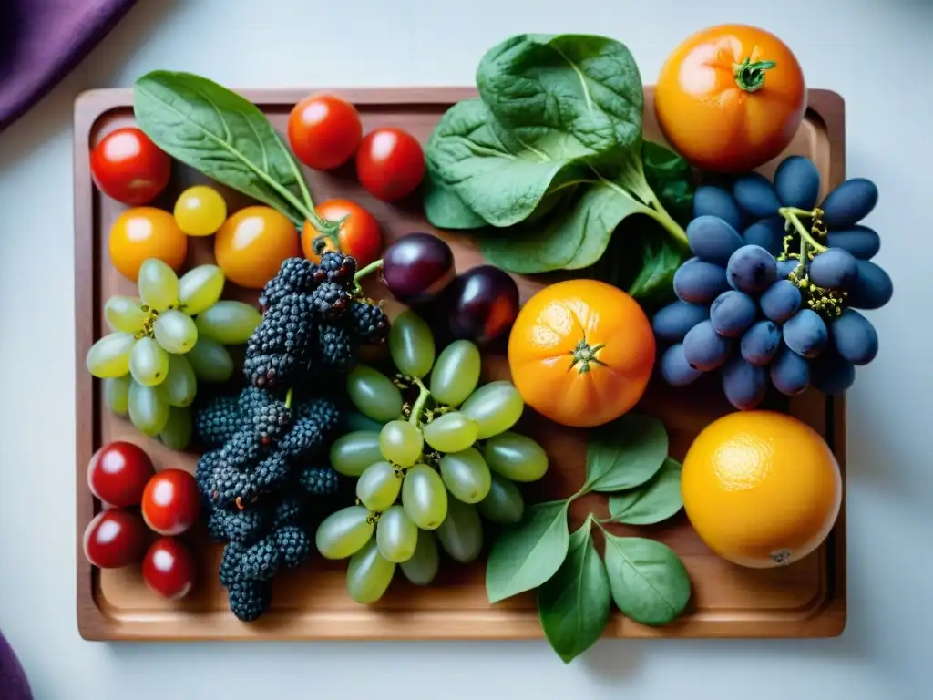 Un festín de frutas y verduras vibrantes en una tabla de madera, irradiando frescura y valor nutricional