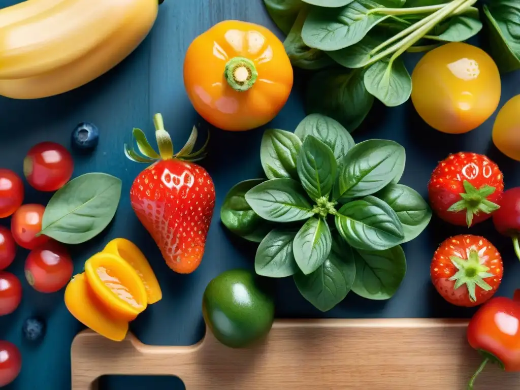 Un festín de frutas y verduras vibrantes y detalladas en una tabla de cortar de madera, con gotas de agua brillando bajo una suave iluminación natural