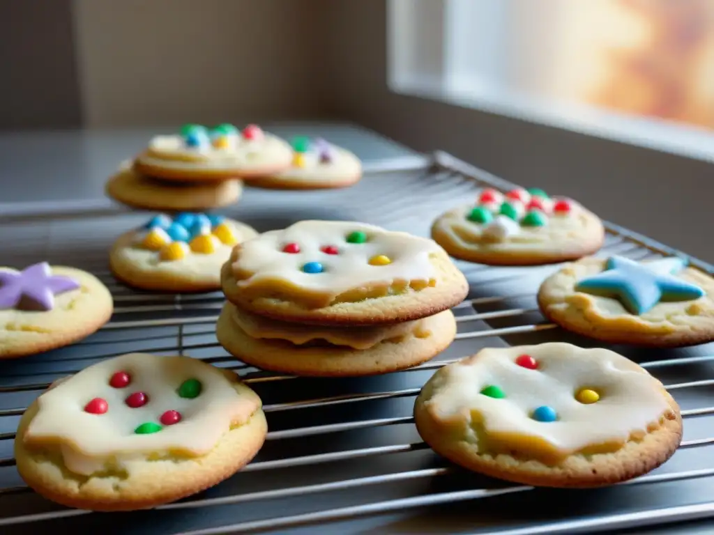 Un festín de galletas sin gluten para niños, recién horneadas y decoradas con colores vibrantes, listas para ser disfrutadas en una cocina acogedora