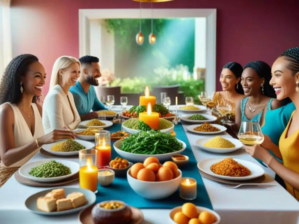 Un festín sin gluten para alergias: grupo variado disfruta una comida colorida y vibrante juntos, con sonrisas genuinas