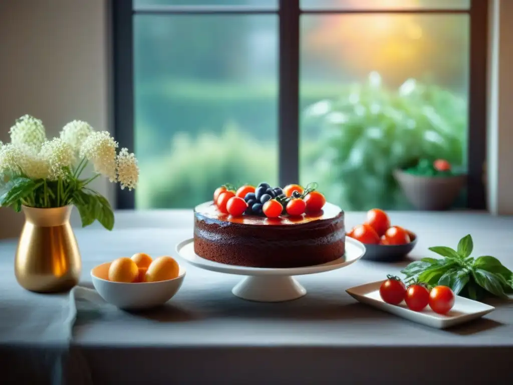 Un festín sin gluten para ansiedad: mesa elegante con platos coloridos y apetitosos, decorada con flores frescas y velas