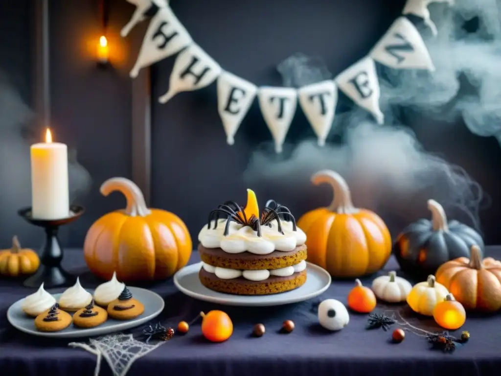 Un festín de Halloween sin gluten: dulces terroríficos en una mesa decorada con hojas otoñales, velas y neblina mística