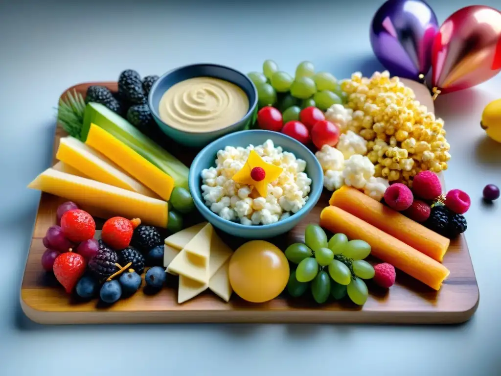 Un festín sin gluten para fiestas: colorido plato con frutas, queso, palomitas, bastones de verduras, hummus y mini tortas