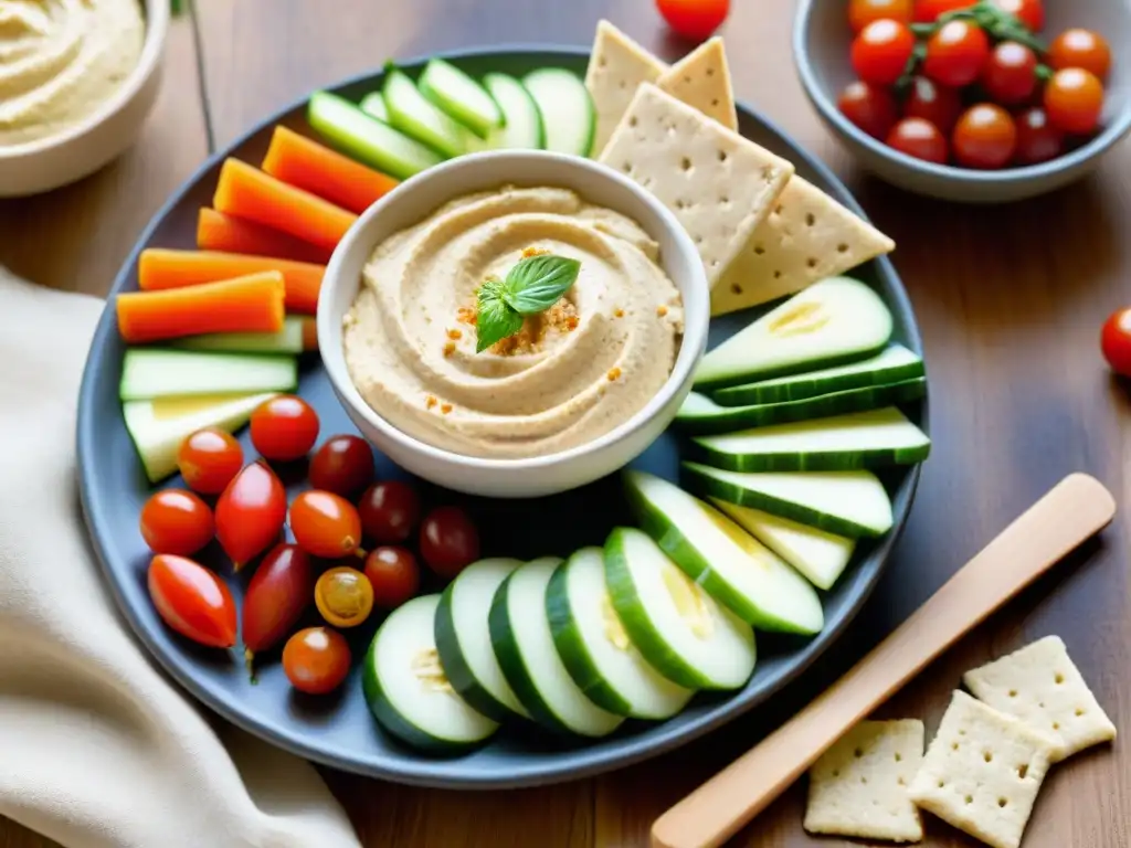 Un festín sin gluten: hummus rodeado de crujientes palitos de zanahoria, tomates cherry jugosos, crackers y rodajas de pepino, en una tabla de madera