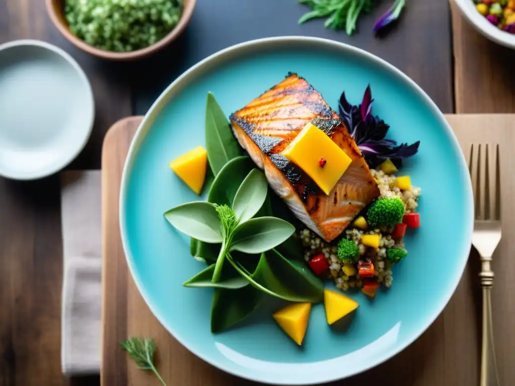 Un festín sin gluten innovador con quinoa, pollo y salmón, presentados en una mesa rústica