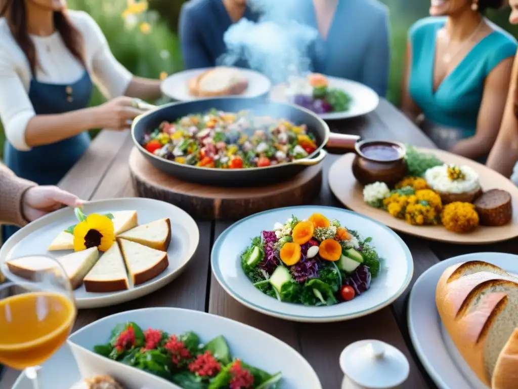 Un festín sin gluten para reuniones: mesa colorida al aire libre con amigos, comida apetitosa y risas