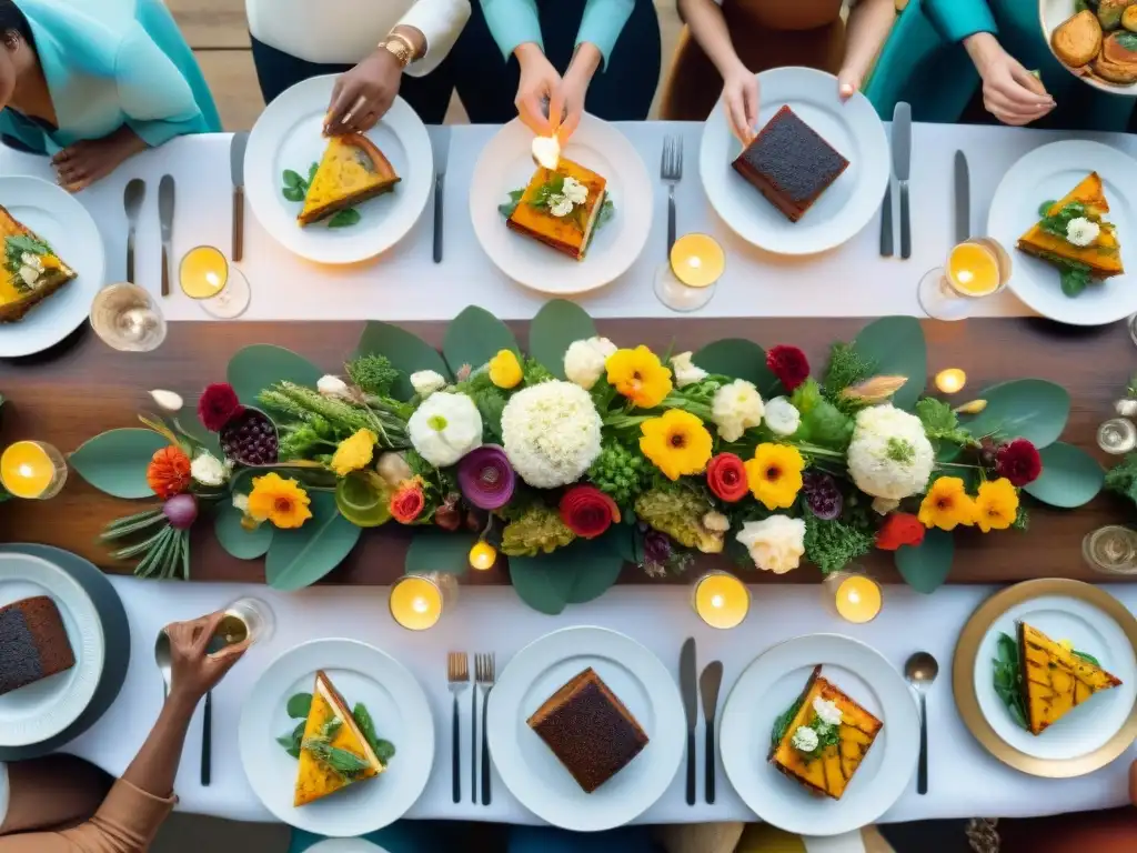 Un festín gourmet sin gluten en una mesa elegante rodeada de personas felices