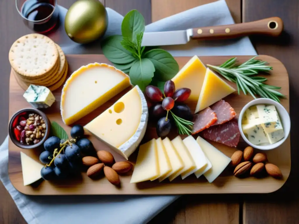 Un festín gourmet sin gluten en una tabla de embutidos, rodeado de hierbas frescas y vino tinto