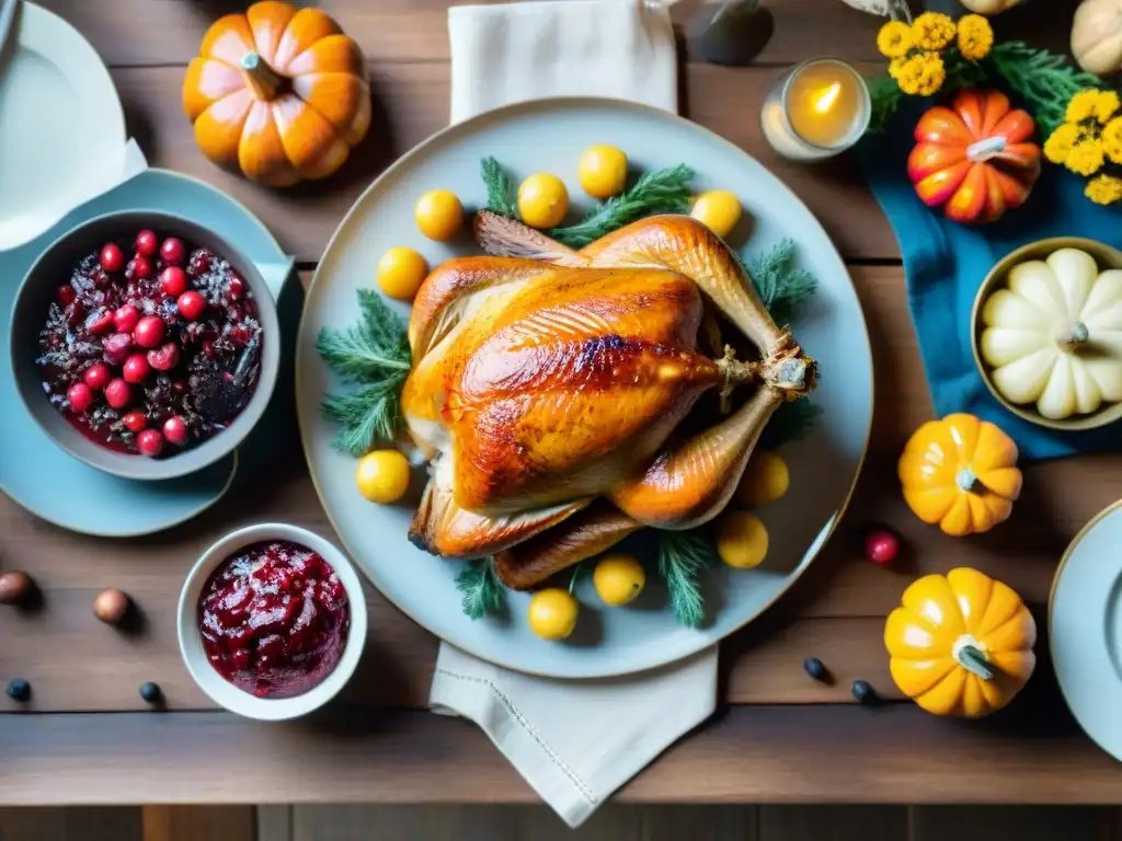 Un festín de Acción de Gracias sin gluten en una mesa rústica, con un pavo dorado rodeado de guarniciones coloridas