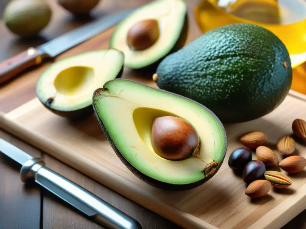 Un festín de grasas saludables sin gluten para recuperación muscular, con aguacates, nueces, semillas y aceite de oliva sobre tabla de madera