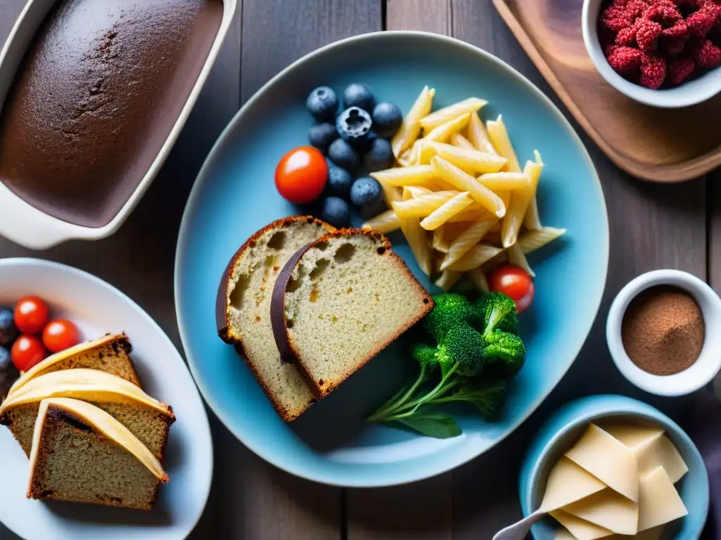 Un festín sin gluten: pan recién horneado, ensalada de quinua, pasta con salsa de tomate y pastel de chocolate sin harina con frutos rojos