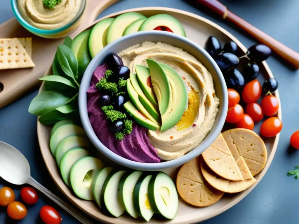 Un festín de hummus sin gluten en tabla de madera, con variedad de sabores y coloridas guarniciones frescas