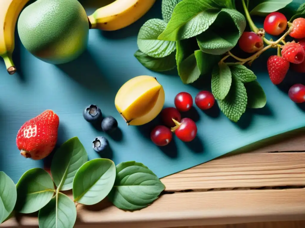 Un festín de ingredientes coloridos para batidos energéticos sin gluten, con detalles frescos y vibrantes sobre una mesa rústica iluminada por el sol