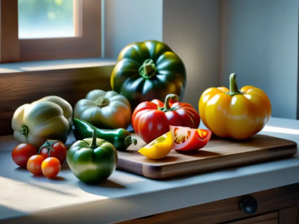 Un festín de ingredientes frescos y coloridos sobre tabla de madera, capturando la esencia de la cocina sous vide sin gluten