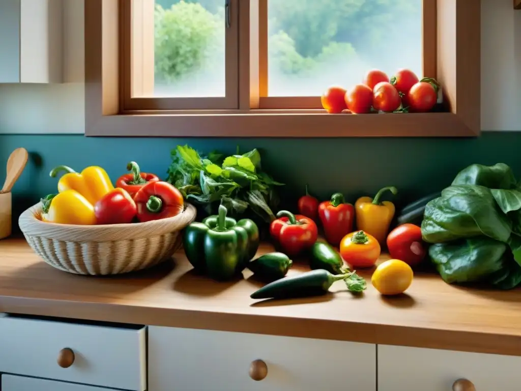 Un festín de ingredientes sin gluten para cocina en una encimera de madera, lleno de frutas y verduras frescas y coloridas