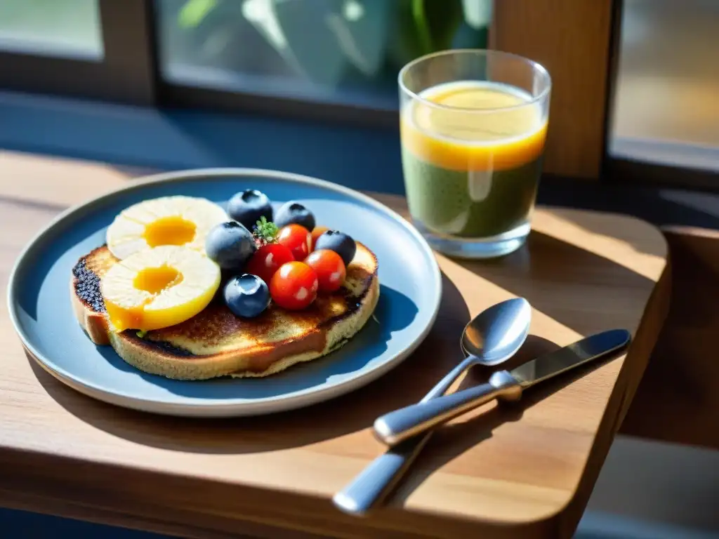 Un festín innovador de desayuno sin gluten en una mesa de madera elegante bajo la cálida luz matutina