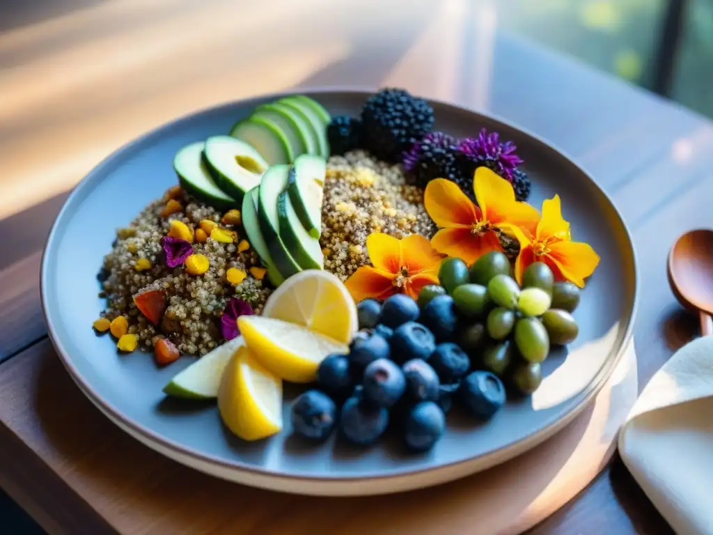 Delicioso banquete glutenfree con ingredientes sostenibles Un festín innovador de alimentación sin gluten, con platos coloridos y sostenibles en una mesa de madera con luz natural
