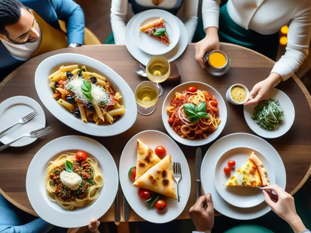 Un festín italiano sin gluten en un restaurante acogedor, con platos auténticos etiquetados en diferentes idiomas