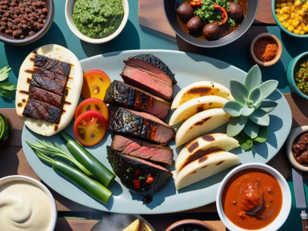 Delicioso asado latino: carnes, chimichurri y arepas al atardecer Un festín latino sin gluten delicioso: asado con chorizo, morcilla y entraña, acompañado de chimichurri, arepas y vegetales a la parrilla al atardecer