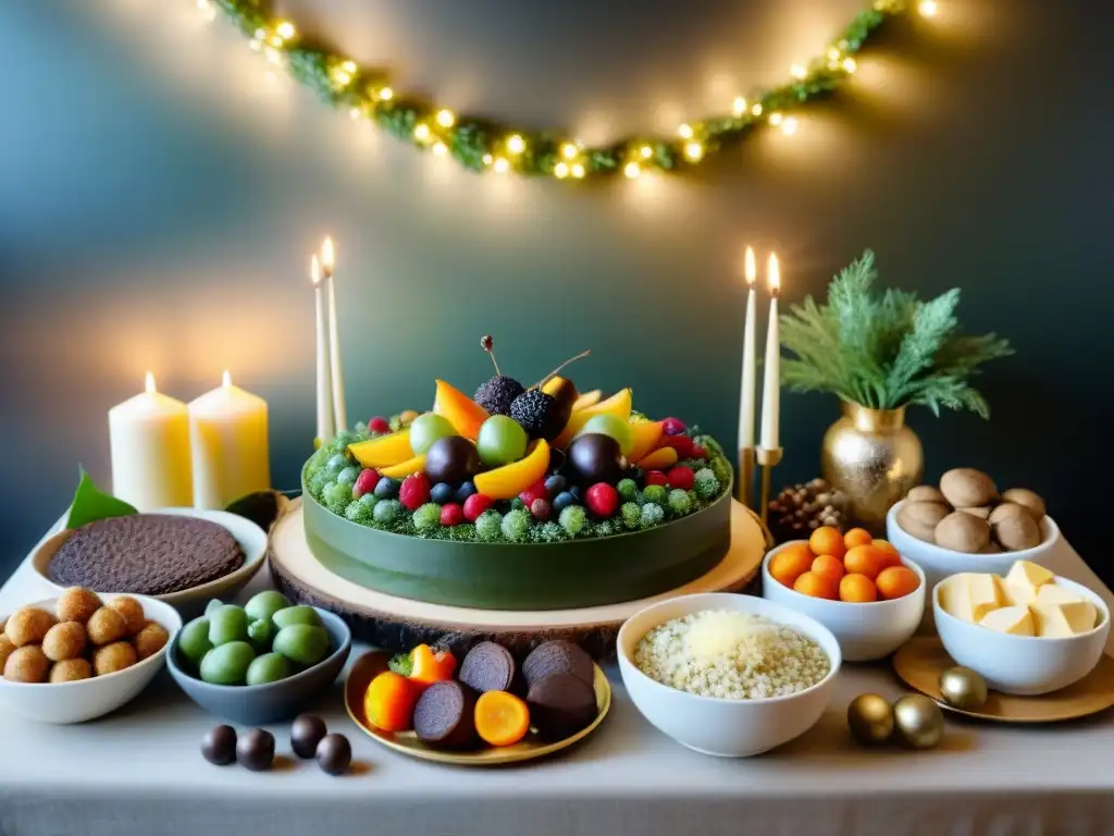 Buffet de Año Nuevo sin gluten: ¡una celebración lujosa y deliciosa! Un festín lujoso sin gluten para Año Nuevo: verduras asadas, ensalada de quinoa, brochetas de camarones, tabla de quesos, frutas frescas y pastel de chocolate sin harina