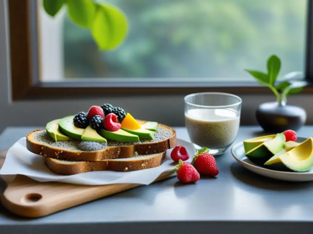 Un festín matutino sin gluten: chía con frutas, tostada de aguacate, ensalada de frutas y café con leche de almendra