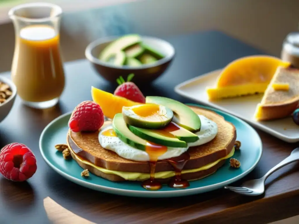 Un festín matutino sin gluten: frutas frescas, yogur con granola, pan tostado de aguacate, pancakes con sirope de arce y café aromático