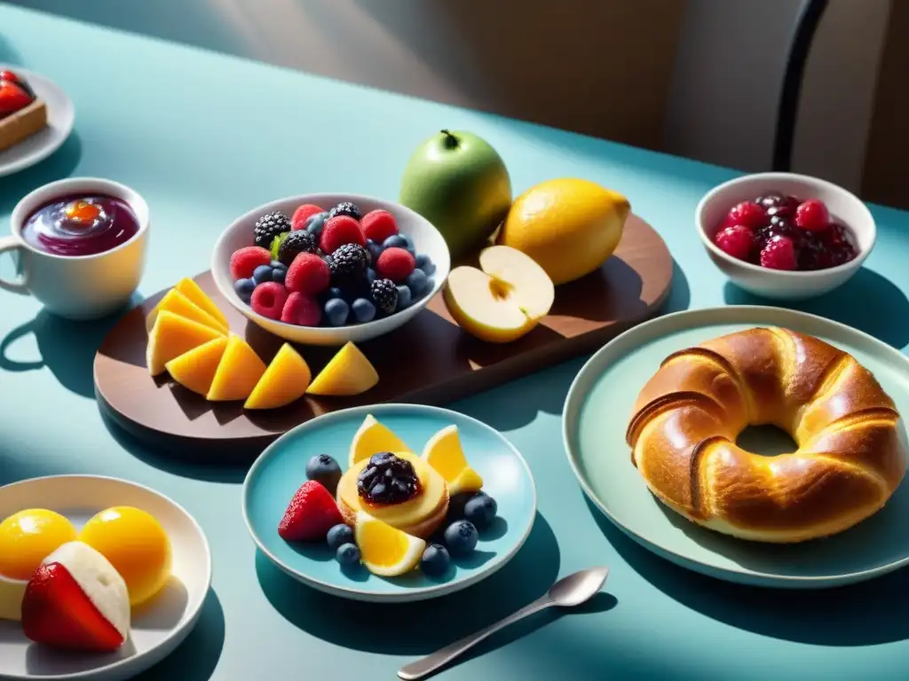 Un festín matutino sin gluten: pastelería recién horneada, ensalada de frutas, café humeante y mermeladas caseras