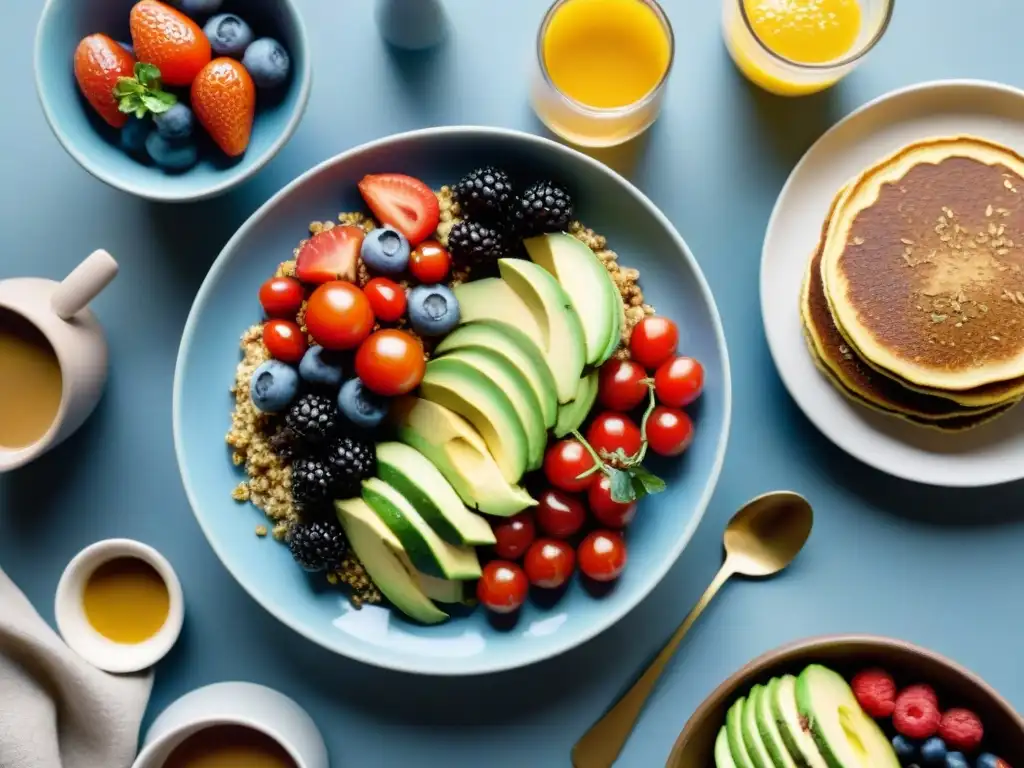 Un festín matutino lleno de color y sabor, con recetas desayunos energéticos sin gluten en detalle vibrante