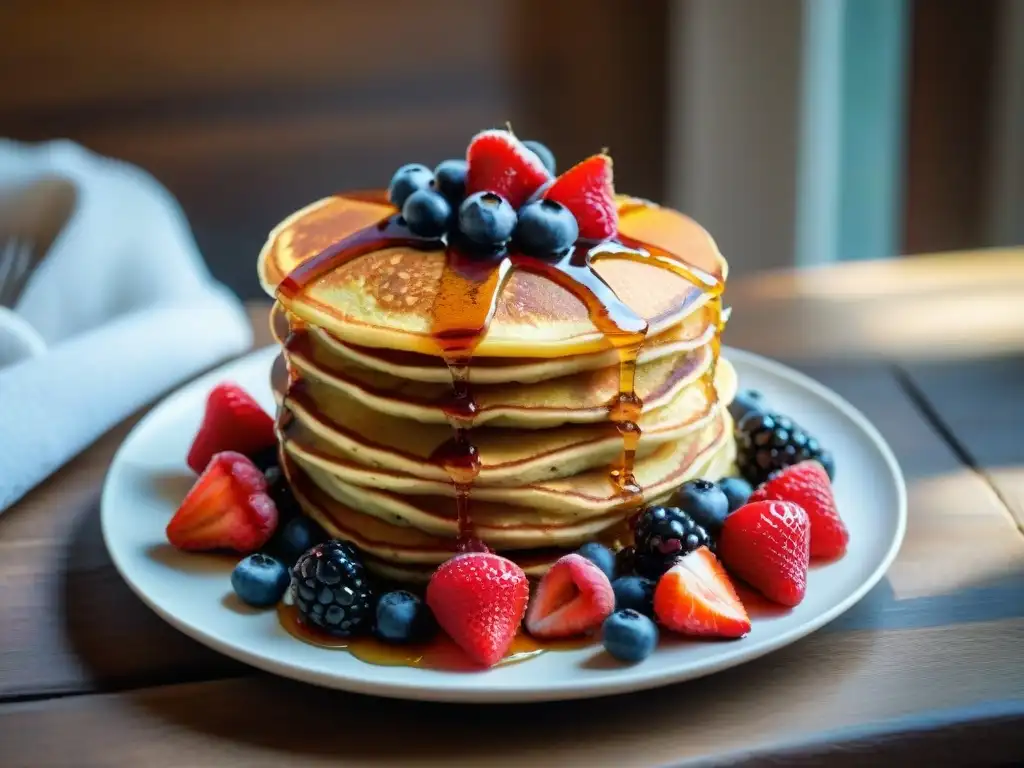 Pancakes sin gluten con bayas y sirope de arce dorado Un festín matutino: torre de panqueques sin gluten con bayas frescas y jarabe de arce, perfecta para recetas de panqueques sin gluten