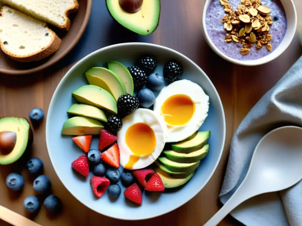 Un festín matutino sin gluten: variedad de opciones saludables y coloridas en una mesa iluminada con luz natural