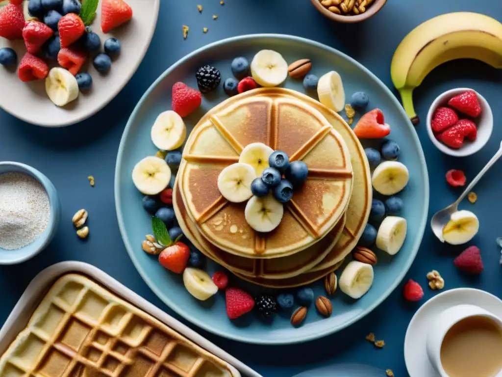 Un festín matutino de pancakes y waffles sin gluten, decorados con frutas frescas y sirope de arce