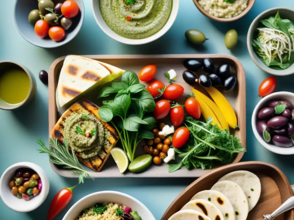 Delicioso banquete glutenfree mediterráneo en mesa rústica Un festín mediterráneo sin gluten saludable en una mesa rústica, con platos coloridos y frescos