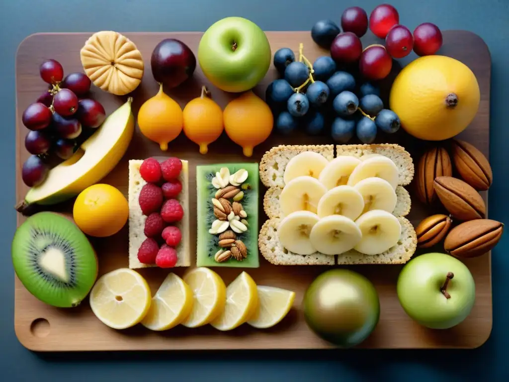 Un festín sin gluten: meriendas creativas con frutas, frutos secos, semillas y crackers en una tabla de madera