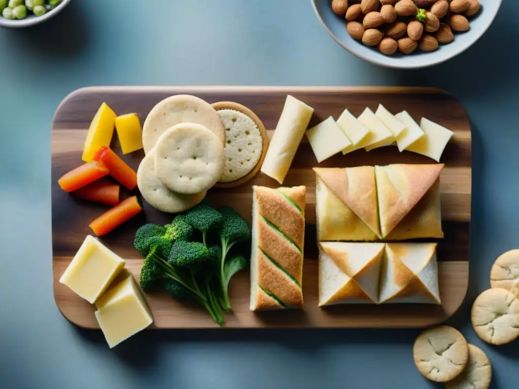 Un festín de meriendas sin gluten fáciles: cookies de almendra, crudités con hummus, rolls de arroz y quesos artesanales en tabla rústica