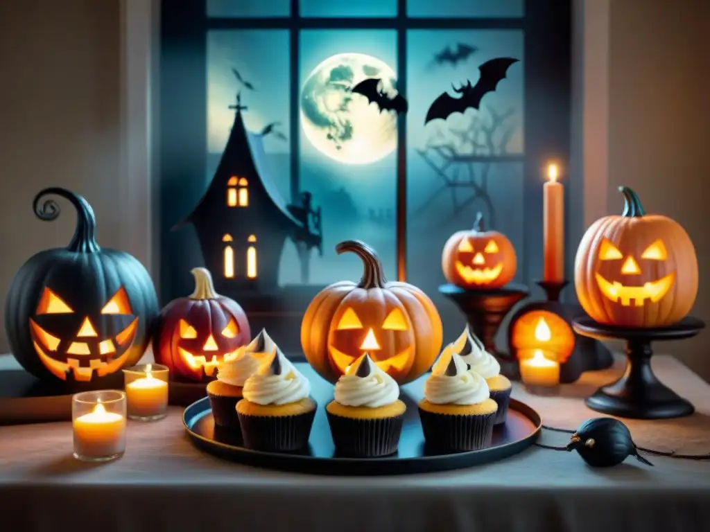 Un festín de Halloween sin gluten: mesa decorada con dulces, calabazas talladas y luz de velas, en ambiente tenebroso y acogedor