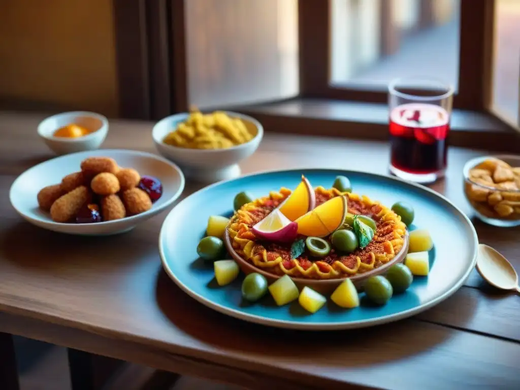 Un festín sin gluten en Zaragoza: mesa rústica con paella, tapas y churros, en platos de cerámica junto a sangría