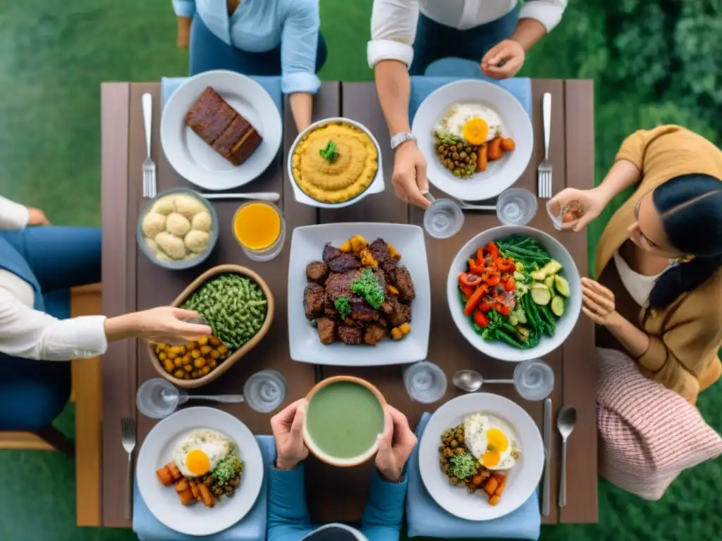 Un festín multicultural al aire libre con platos sin gluten, evocando comunidad y viaje