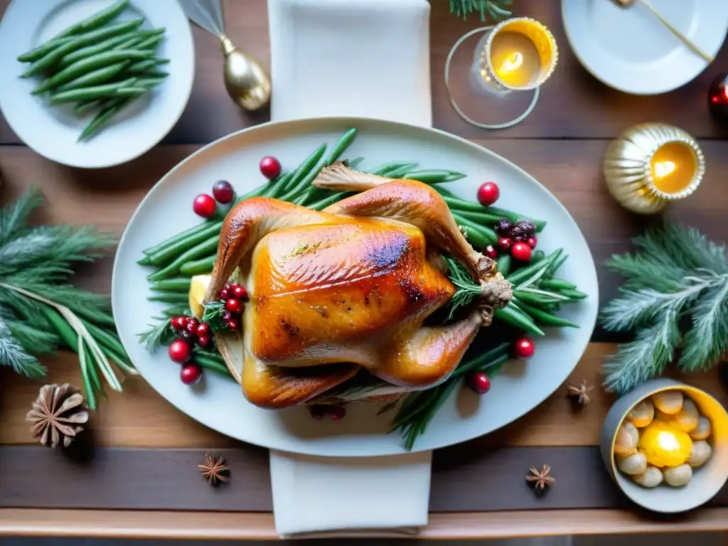 Un festín navideño sin gluten decorado con luces parpadeantes y lazos dorados, ideal para menús festivos sin gluten