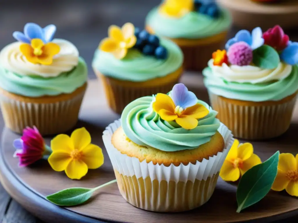 Un festín de cupcakes sin gluten para niños, decorados con colores vibrantes y flores comestibles, en una mesa de madera rústica